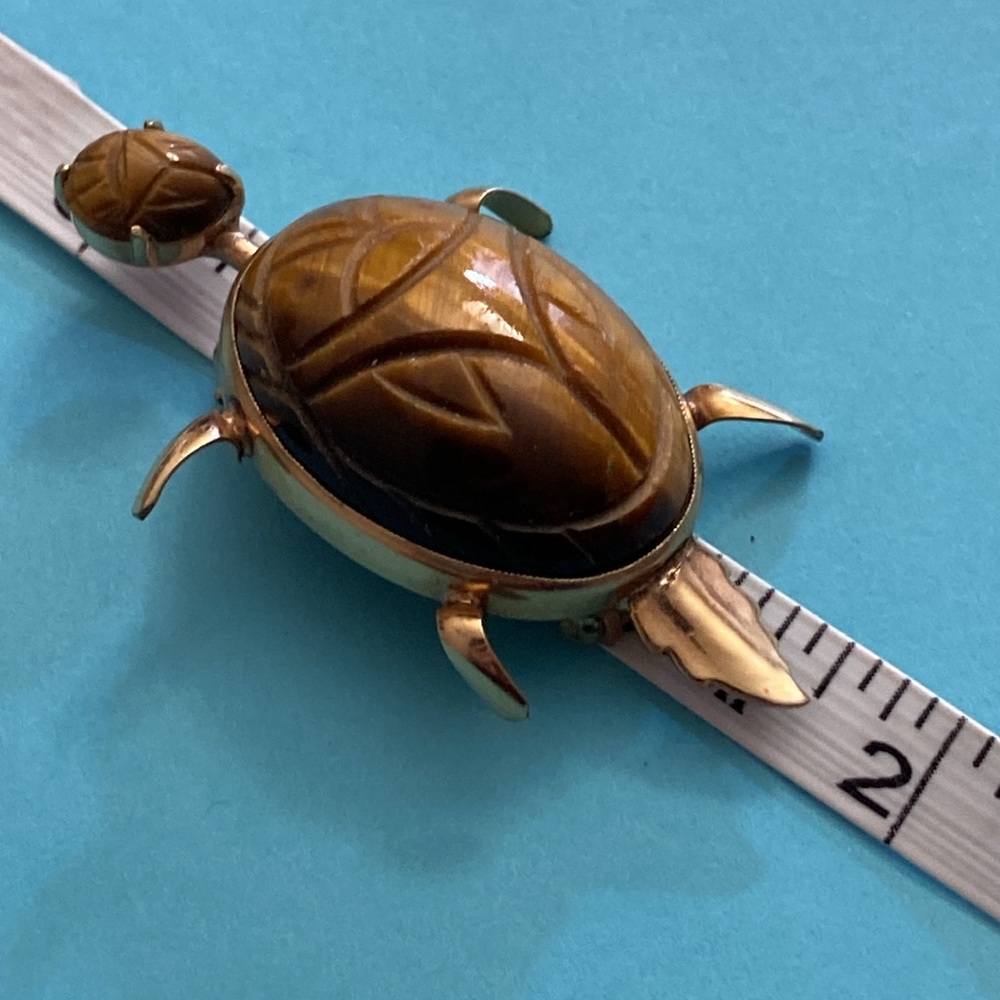 Vintage 60s 12K GF Tigers Eye Stone Carved Scarab Turtle Broach - Picture 5 of 9